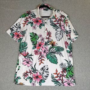 Sunday Swagger Mens Size Large Golf Polo Shirt White Floral Hawaiian Tropical
